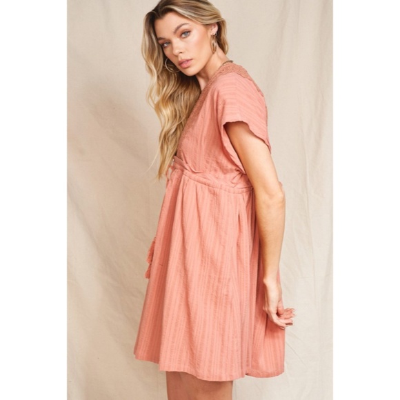 SOLD OUT Clay Cover Up Style Crochet Boho Swingy Dress w/ Tassel Trim Tie Casual - Picture 7 of 8